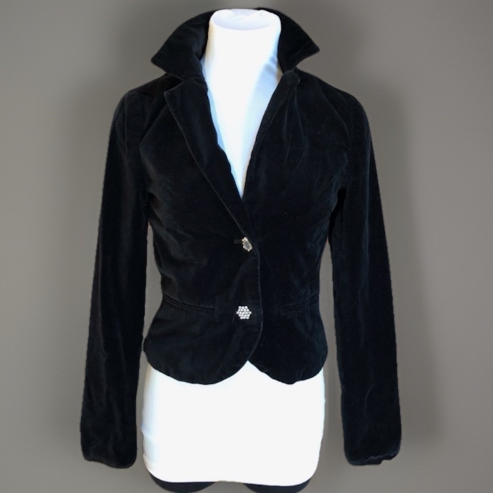Black Velvet Bling Button Lace Trim Blazer Jacket